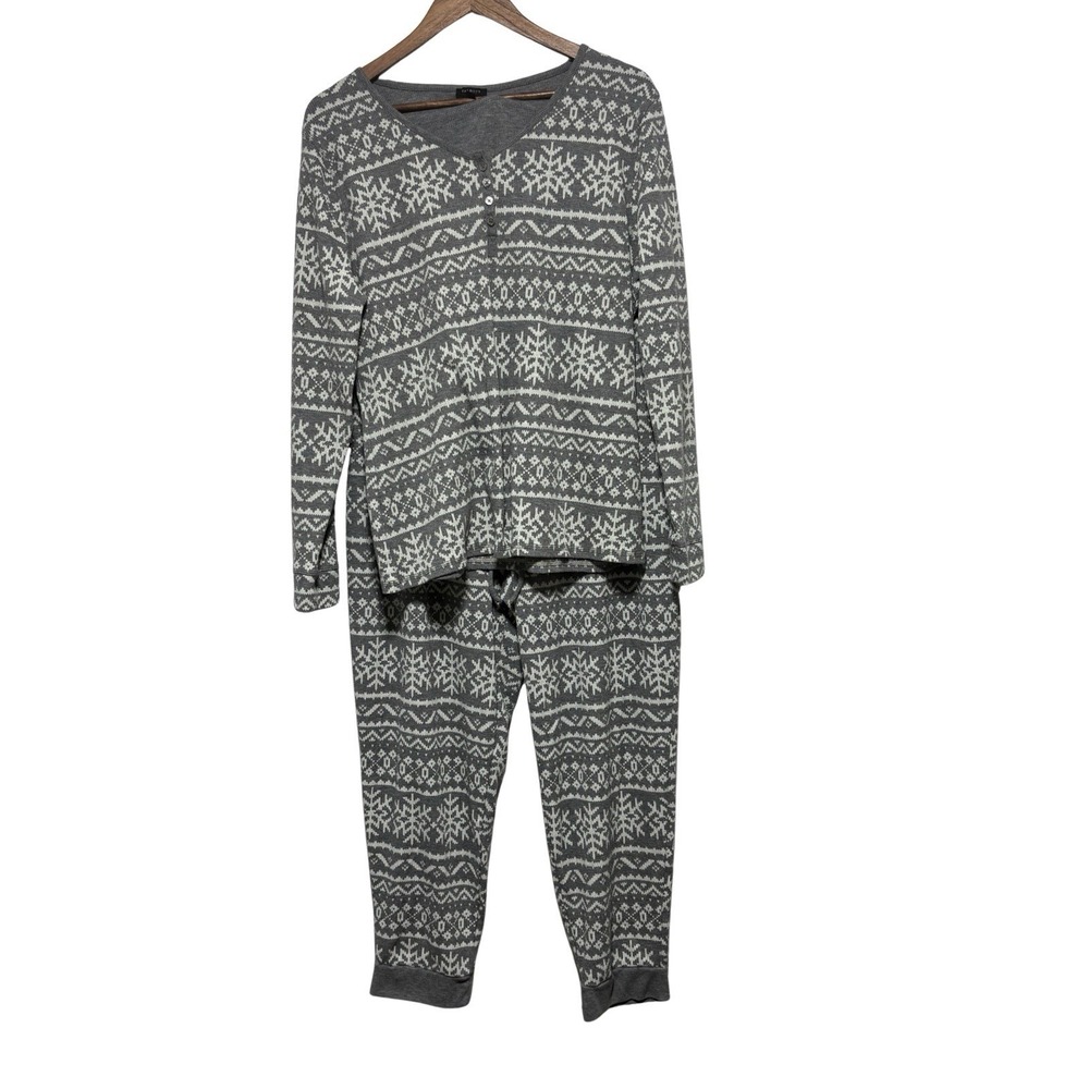 Talbots Pajamas Womens XL Gray Snowflake Thermal Waffle Knit  2 Piece